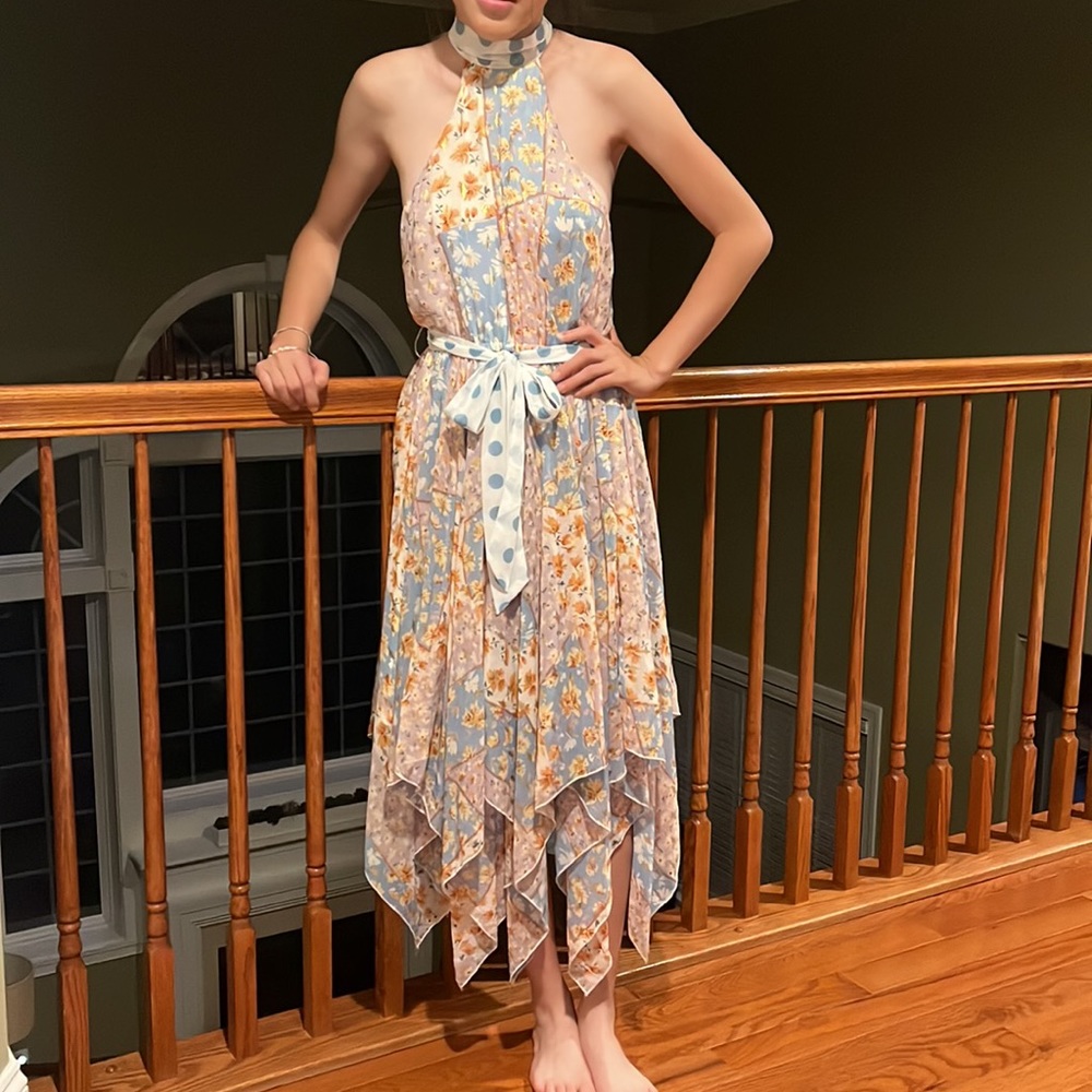 FOREVER UNIQUE Halter Gold Blue Purple Floral Handkerchief Hem Dress, Sz 2 NWT - Picture 2 of 12